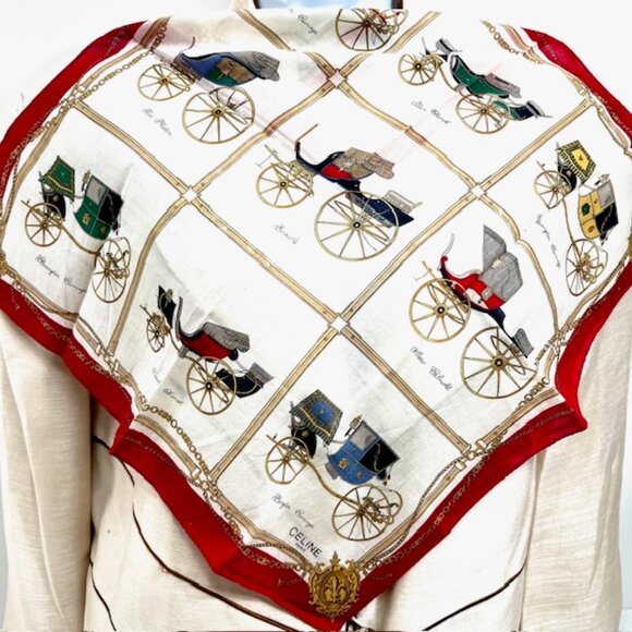 Unused Celine Paris Mini Scarf/Handkerchief Cotton 18" Ivery Red Gold Chariot(60 - Picture 3 of 6